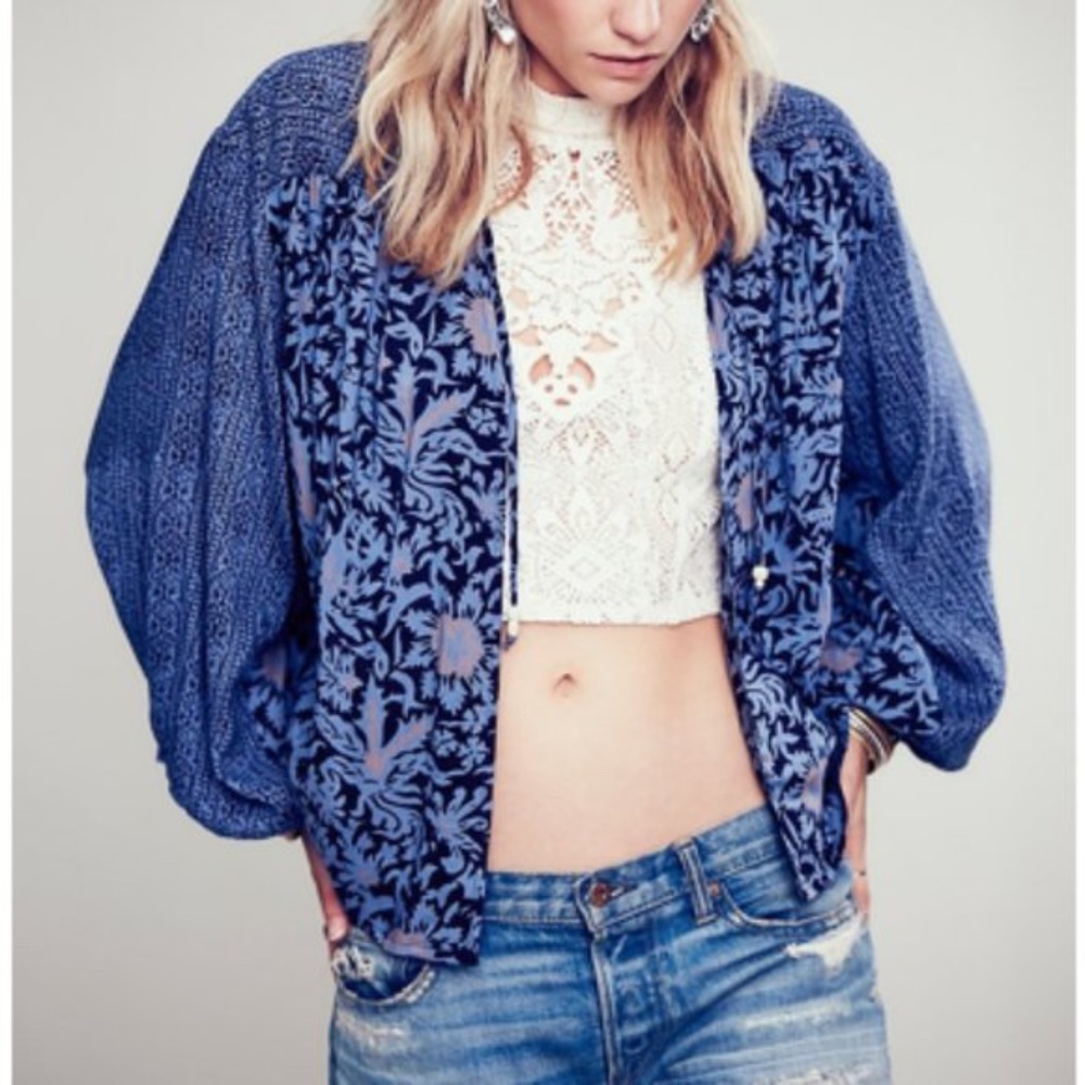 Free People Kimono Blue Printed Balloon Sleeve Top